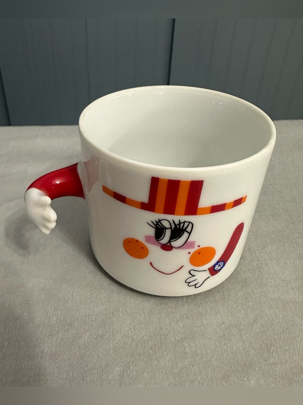 Vintage Japanese Clown Ceramic Mug Waving Arm Handle Retro Whimsical Coffee Cup